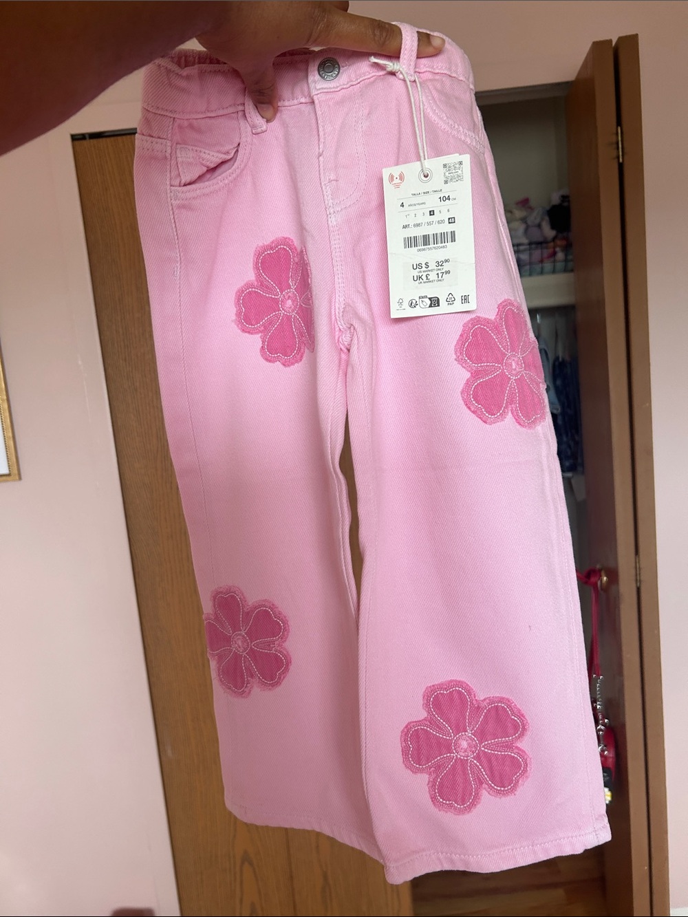 Zara Pink Floral Appliqué Wide-Leg Jeans